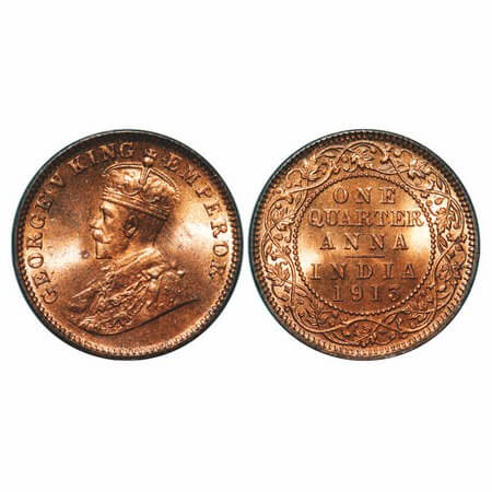 George V, Bronze, Quarter Anna, 1913, Calcutta Mint, No dot. F. Prid 659. GK 1173. Mint St