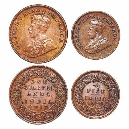 George V, Bronze, (2 coins), 1) Quarter Anna, 1913, Calcutta Mint, No dot, 2) 1/2 Pice, 19