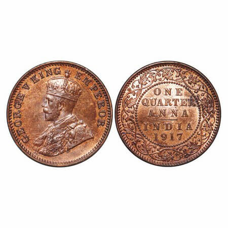 George V, Bronze, Quarter Anna, 1917, Calcutta Mint, No dot. F. Prid 662. GK 1176. Brillia