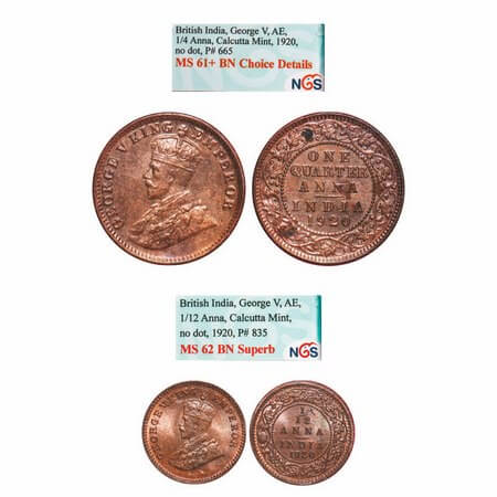 George V, Bronze, Quarter Anna & 1/12 Anna, 1920, (2 slabs), Calcutta Mint, No dot. F. Pri