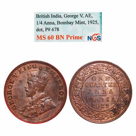 George V, Bronze, Quarter Anna, 1925, Bombay Mint, Dot. F. Prid 678. GK 1181. NGS Slab MS 