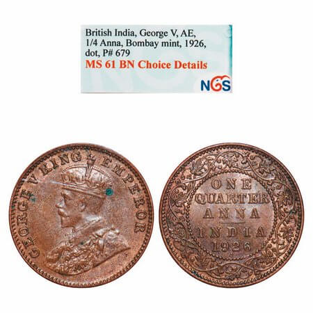 George V, Bronze, Quarter Anna, 1926, Bombay Mint, Dot. F. Prid 679. GK 1183. NGS Slab MS 