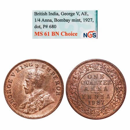 George V, Bronze, Quarter Anna, 1927, Bombay Mint, Dot. F. Prid 680. GK 1185. NGS Slab MS 