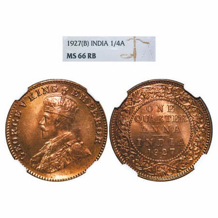 George V, Bronze, Quarter Anna, 1927, Bombay Mint, Dot. F. Prid 680. GK 1185. NGS Slab MS 