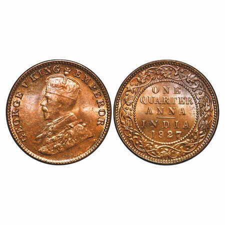 George V, Bronze, Quarter Anna, 1927, Calcutta Mint, No dot. F. Prid 668. GK 1186. Mint St