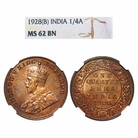 George V, Bronze, Quarter Anna, 1928, Bombay Mint, Dot. F. Prid 681. GK 1187. NGC Slabbed 