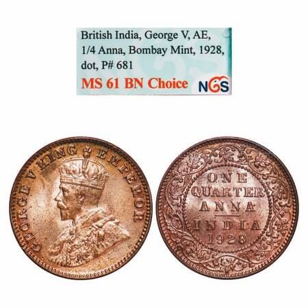 George V, Bronze, Quarter Anna, 1928, Bombay Mint, Dot. F. Prid 681. GK 1187. NGS Slab MS 