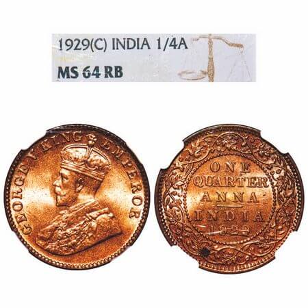 George V, Bronze, Quarter Anna, 1929, Calcutta Mint, No dot. F. Prid 670. GK 1189. NGC Sla