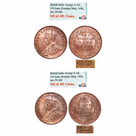 George V, Bronze, Quarter Anna, 1930, (2 slabs), Bombay Mint, 1) Dot, 2) Dot, More space b