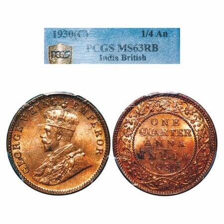 George V, Bronze, Quarter Anna, 1930, Calcutta Mint, No dot. F. Prid 671. GK 1191. PCGS Sl
