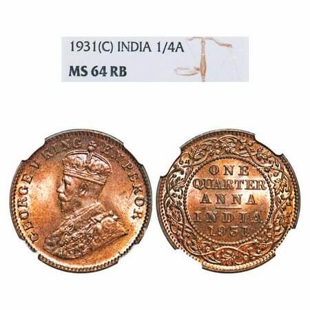 George V, Bronze, Quarter Anna, 1931, Calcutta Mint, No dot. F. Prid 672. GK 1192. NGC Sla
