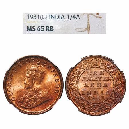 George V, Bronze, Quarter Anna, 1931, Calcutta Mint, No dot. F. Prid 672. GK 1192. NGC Sla