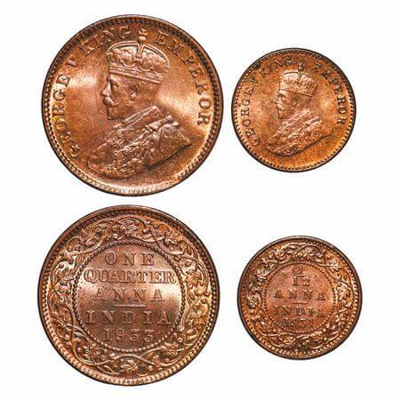 George V, Bronze, (2 coins), 1) Quarter Anna, 1933, Calcutta Mint, No dot, 2) 1/12 Anna, 1