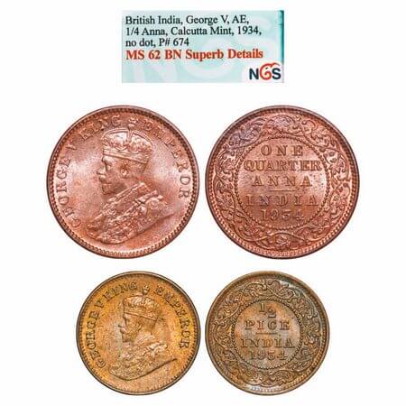 George V, Bronze, 1934, (1 slab, 1 coin), Calcutta Mint, 1) Quarter Anna, No Dot, 2) 1/2 P