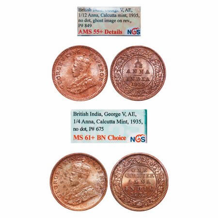 George V, Bronze, 1935, (2 slabs), Calcutta Mint, 1) Quarter Anna, No Dot, 2) 1/12 Anna, N