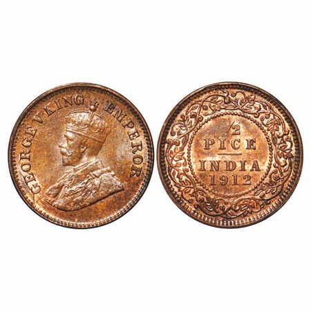 George V, Bronze, 1/2 Pice, 1912, Calcutta Mint, No mint mark, Multiple die cracks on Obv 