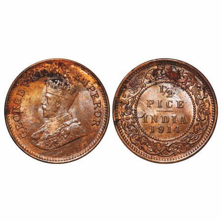 George V, Bronze, 1/2 Pice, 1914, Calcutta Mint, No mint mark. F. Prid 747. GK 1200. Uncir
