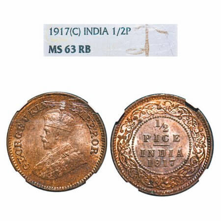 George V, Bronze, 1/2 Pice, 1917, Calcutta Mint, No mint mark. F. Prid 750. GK 1203. NGC S