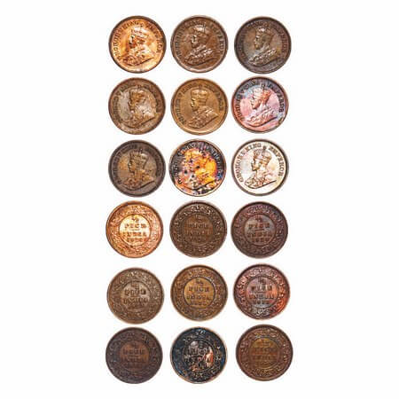 George V, Bronze, 1/2 Pice, (lot of 9 coins), 1917, 1918(2), 1920, 1923, 1924, 1929, 1930,
