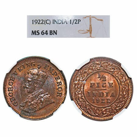 George V, Bronze, 1/2 Pice, 1922, Calcutta Mint, No mint mark. F. Prid 755. GK 1208. NGC S