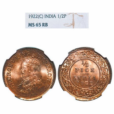 George V, Bronze, 1/2 Pice 1922, Calcutta Mint, No mint mark. F. Prid 755. GK 1208. NGC MS
