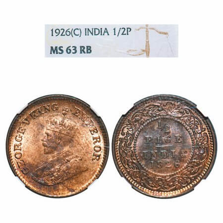George V, Bronze, 1/2 Pice, 1926, Calcutta Mint, No mint mark. F. Prid 759. GK 1212. NGC S