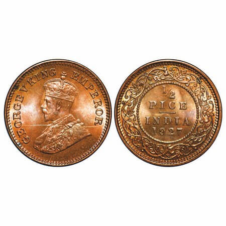 George V, Bronze, 1/2 Pice, 1927, Calcutta Mint, No mint mark. F. Prid 760. GK 1213. Mint 