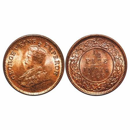 George V, Bronze, 1/2 Pice, 1928, Calcutta Mint, No mint mark. F. prid 761. GK 1214. Mint 