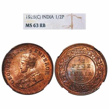 George V, Bronze, 1/2 Pice, 1928, Calcutta Mint, No mint mark. F. Prid 761. GK 1214. NGC S