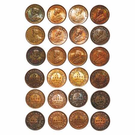 George V, Bronze, 1/12 Anna, (lot of 12 coins), 1 & 2) 1912, Calcutta Mint, No dot, 3) 191