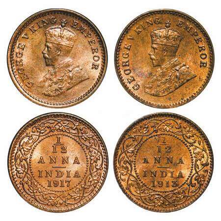 George V, Bronze, 1/12 Anna, (2 coins), 1913, 1917, Calcutta Mint, No dot. F. Prid 828, 83