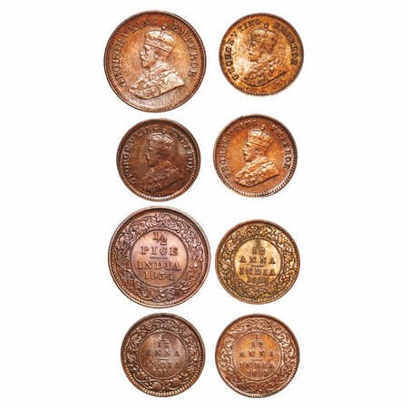GGeorge V, Bronze, 1/12 Anna & 1/2 Pice, (lot of 4 coins), 1) 1913, Calcutta Mint, No dot,