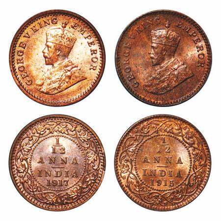 George V, Bronze, 1/12 Anna, (2 coins), 1915, 1917, Calcutta Mint, No dot. F. Prid 830, 83