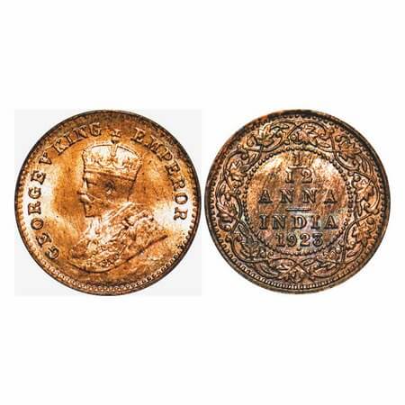 George V, Bronze, 1/12 Anna, 1923, Bombay Mint, Dot, Die cracks on Obv. F. Prid 851. GK 12