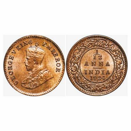 George V, Bronze, 1/12 Anna, 1924, Bombay Mint, Dot. F. Prid 852. GK 1235. Uncirculated. S