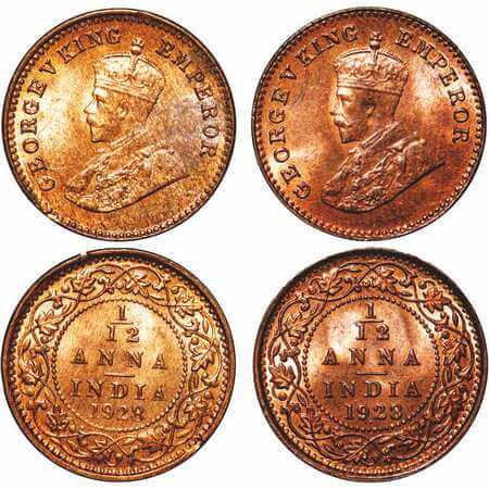 George V, Bronze, 1/12 Anna, (2 coins), 1928, 1) Bombay Mint, Dot, 2) Calcutta Mint, No do