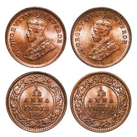 George V, Bronze, 1/12 Anna, (2 coins), 1931, 1934, Calcutta Mint, No dot. F. Prid 845, 84