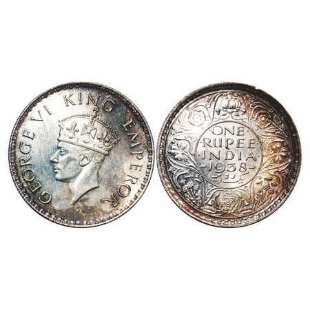 George VI, Silver, Rupee, 1938, Bombay Mint, A/I, No dot, Milled edge. F. Prid 233. GK 125