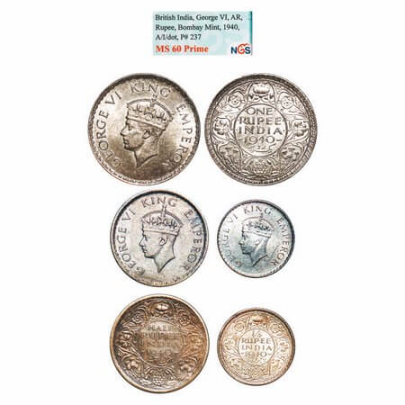 George VI, Half Silver, 1940, (1 slab, 2 coins), 1) Rupee, Bombay Mint, A(a)/I, Dot, Secur