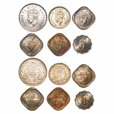 George VI, Mix-Metal, (lot of 6 coins), 1941, 1) Half Silver, Rupee, Bombay Mint, A(a)/I,