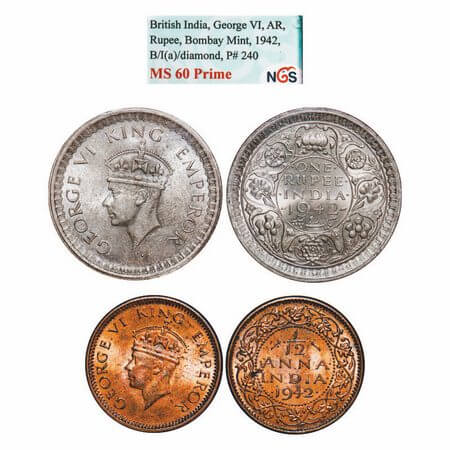 George VI, Mix-Metal, 1942 (1 slab, 1 coin), 1) Rupee, Half Silver, B/II, Diamond, Securit
