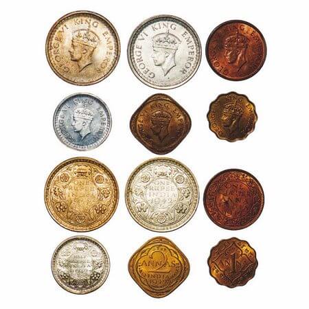 George VI, Mix-Metal, (lot of 6 coins), 1942, 1) Half Silver, Rupee, Bombay Mint, B/II, Di