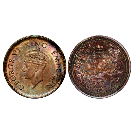 George VI, Half Silver, Rupee, 1943, Bombay Mint, A(b)/II, Diamond, Security edge, Small 3
