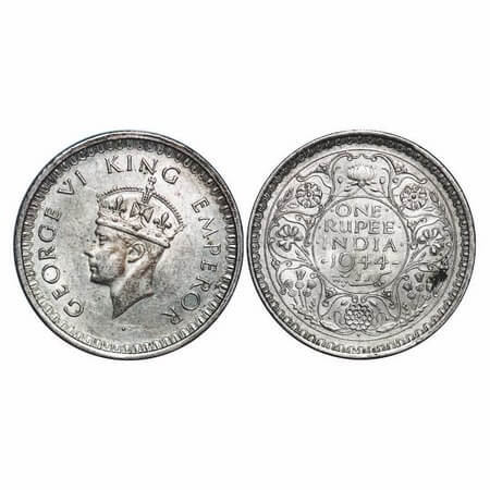 George VI, Half Silver, Rupee, 1944, Bombay Mint, B(a)/III, Diamond, Security edge. F. Pri