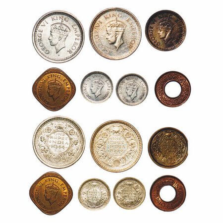 George VI, Mix-Metal, (lot of 7 coins), 1944, 1) Half Silver, Rupee, Bombay Mint, C/III, D