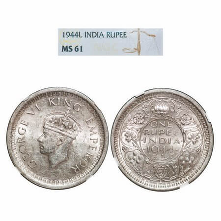 George VI, Half Silver, Rupee, 1944, Lahore Mint, D/II, 'L' raised, Security edge, Thin 'L