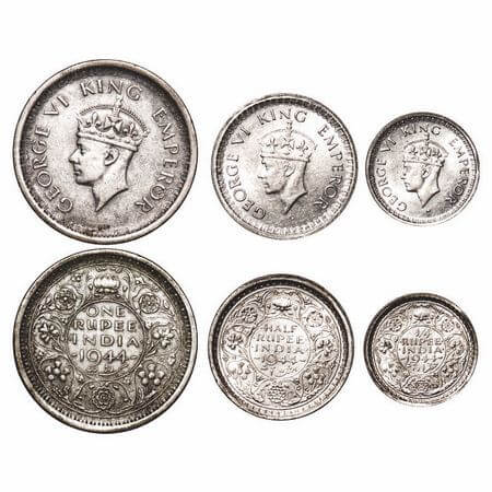 George VI, Half Silver, 1944, (3 coins), 1) Rupee, Lahore Mint, D/II, 'L' raised, Thin 'L'
