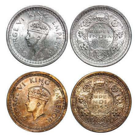 George VI, Half Silver, Rupee, 1945, (2 coins), Bombay Mint, D/II, Dot, Security edge, Nor
