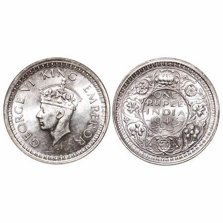 George VI, Half Silver, Rupee, 1945, Bombay Mint, D/II, Dot, Security edge, Normal 5. F. P