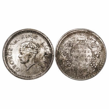 George VI, Half Silver, Rupee, 1945, Bombay Mint, D/II, Dot, Security edge, Normal 5, Erro